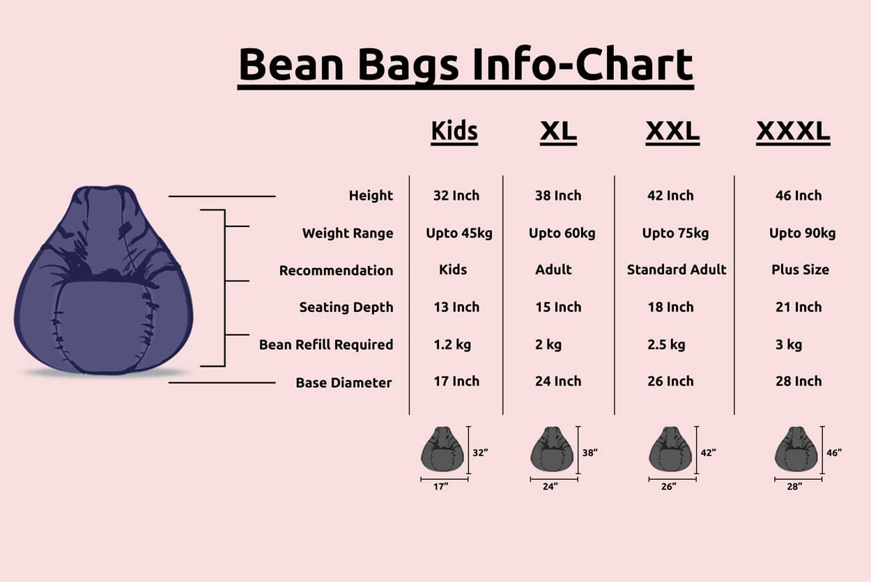 Classic bean bags size chart and guide